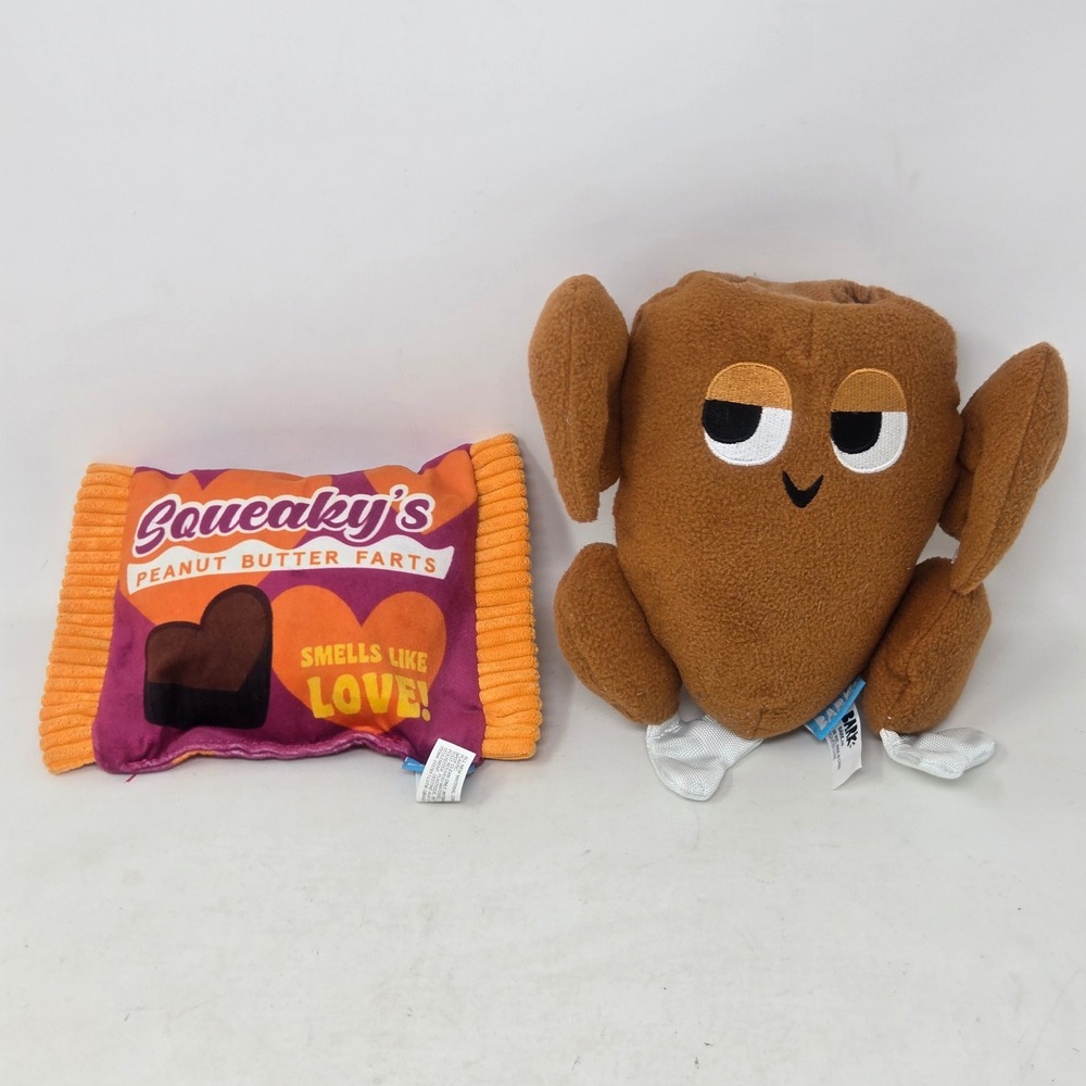 BarkBox Roasted Turkey & Squeaky's Peanut Butter Farts Plush Dog Toy Set
